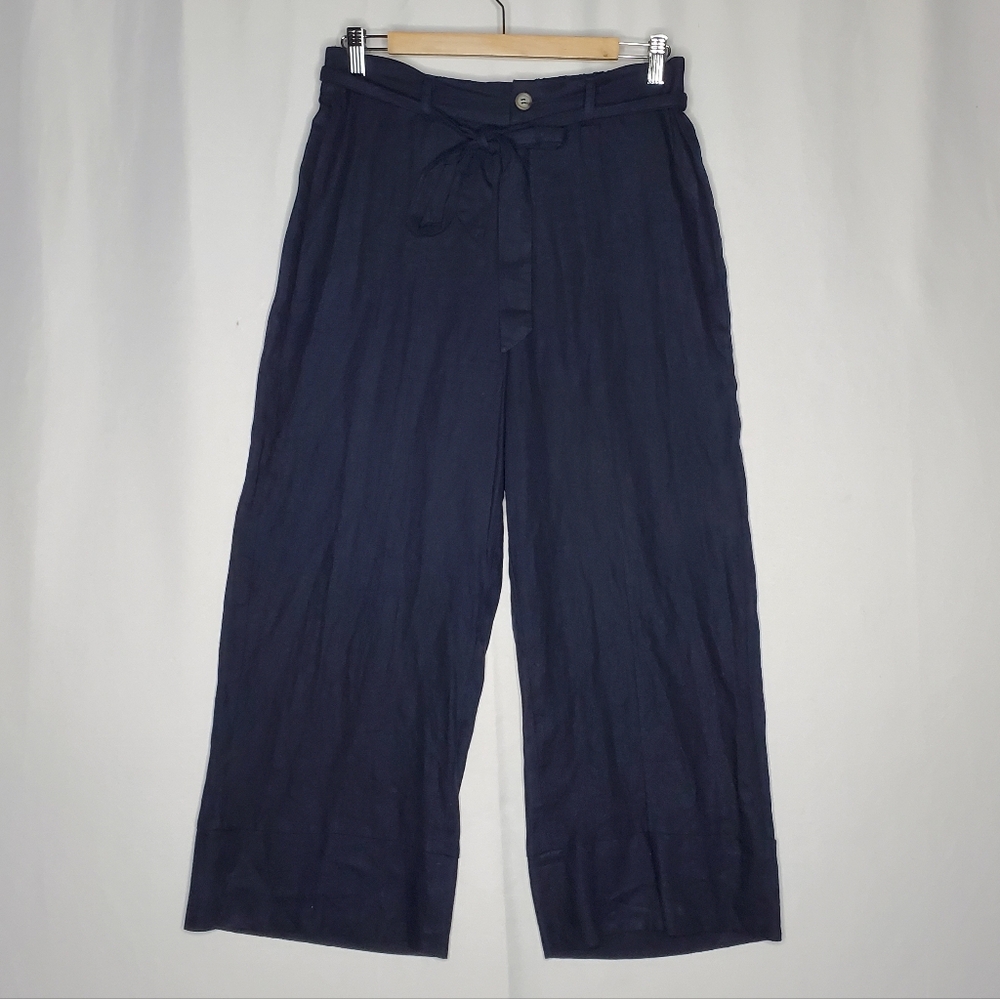 Joie Linen Wide Leg Crop Pants Womens Medium Belt Pocket Coastal Luxury Navy